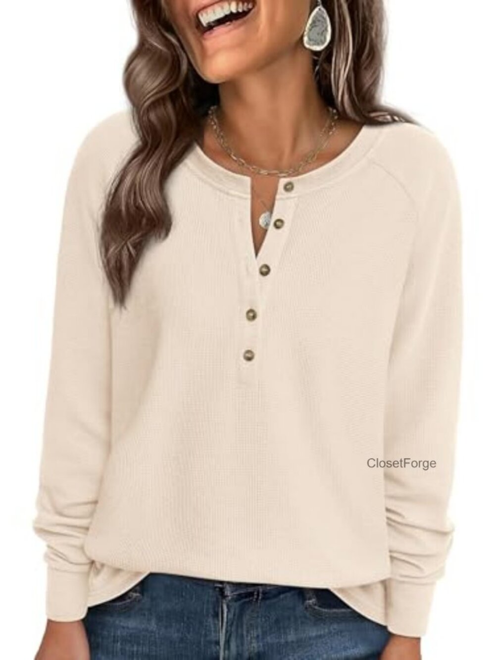Women's Long Sleeve Waffle Knit Henley Tunic Top